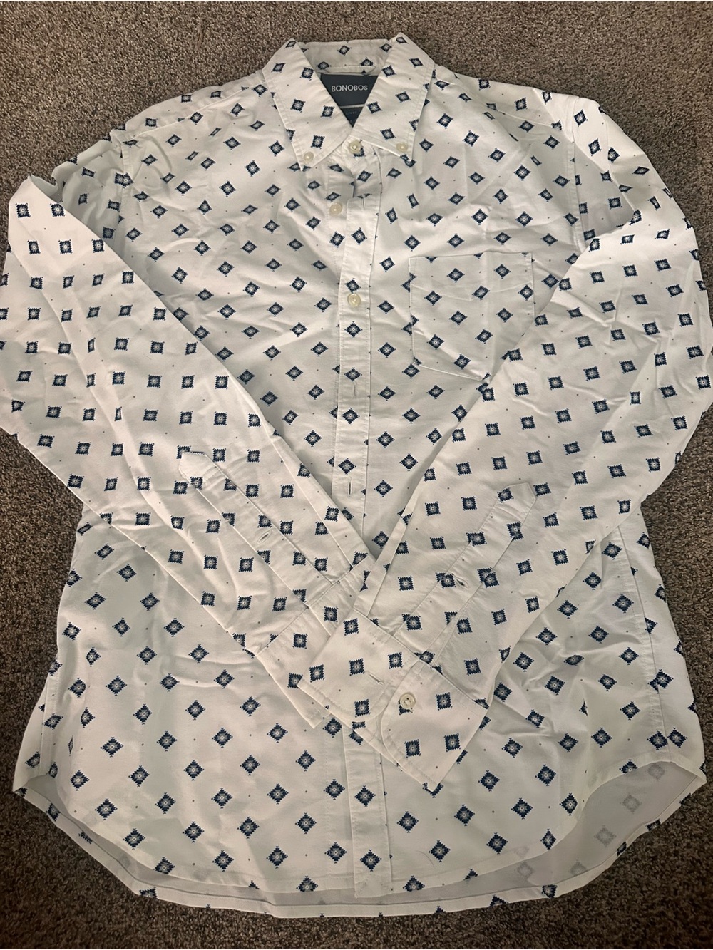 Bonobos White Button-Up Shirt with Navy Diamond Print
